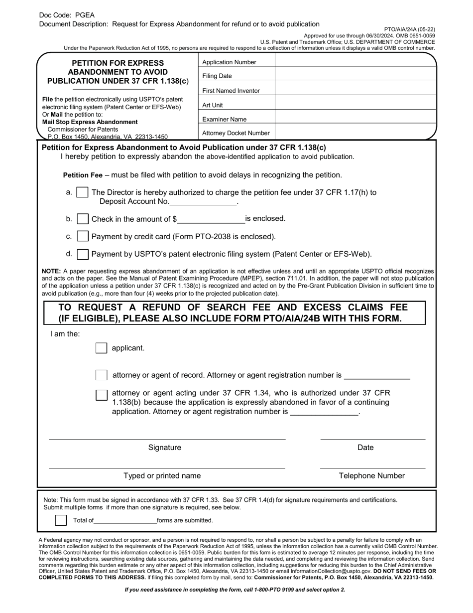 Form pto aia 24a download fillable pdf or fill online petition for