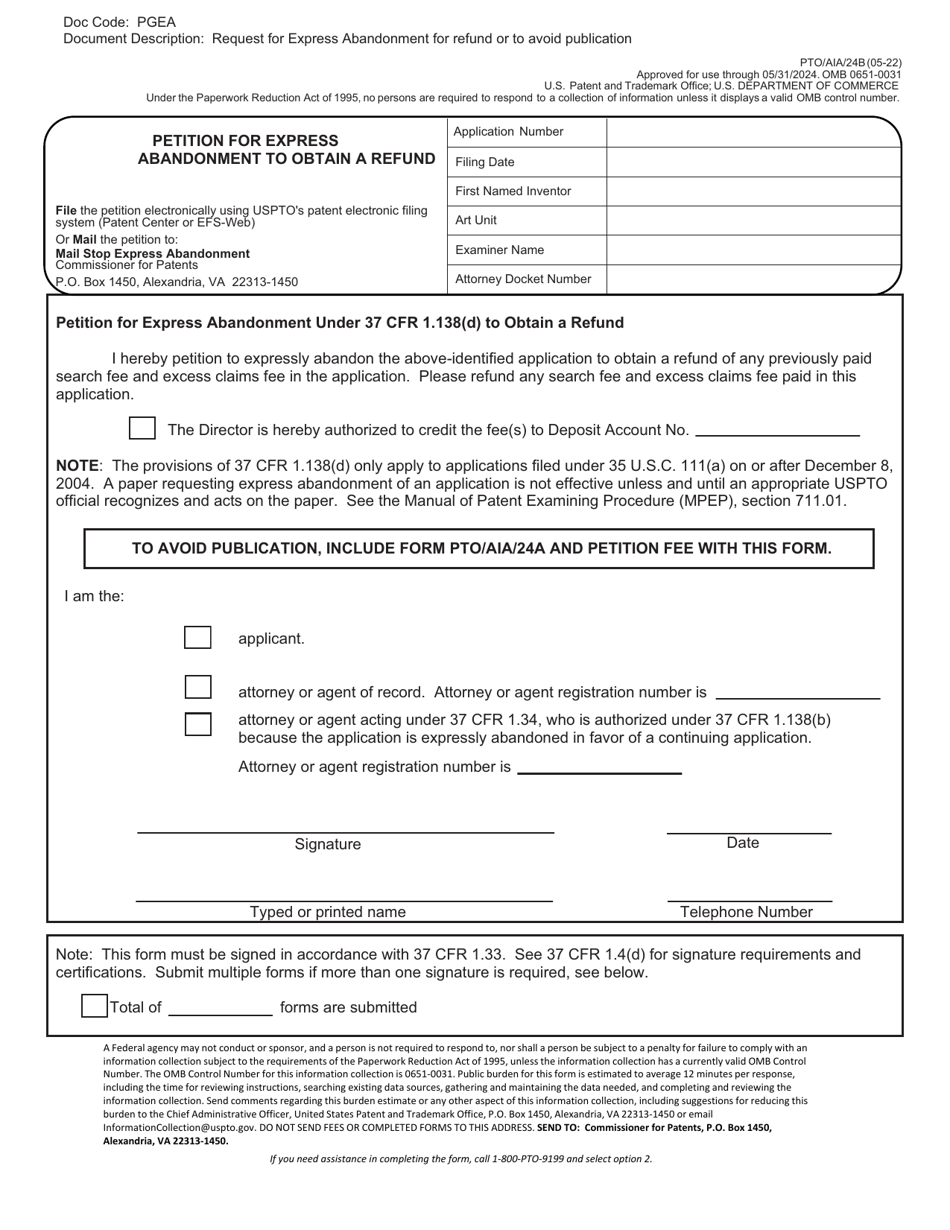 Form PTO / AIA / 24B Petition for Express Abandonment to Obtain a Refund, Page 1