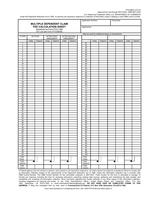 Form PTO/SB/07 Multiple Dependent Claim Fee Calculation Sheet