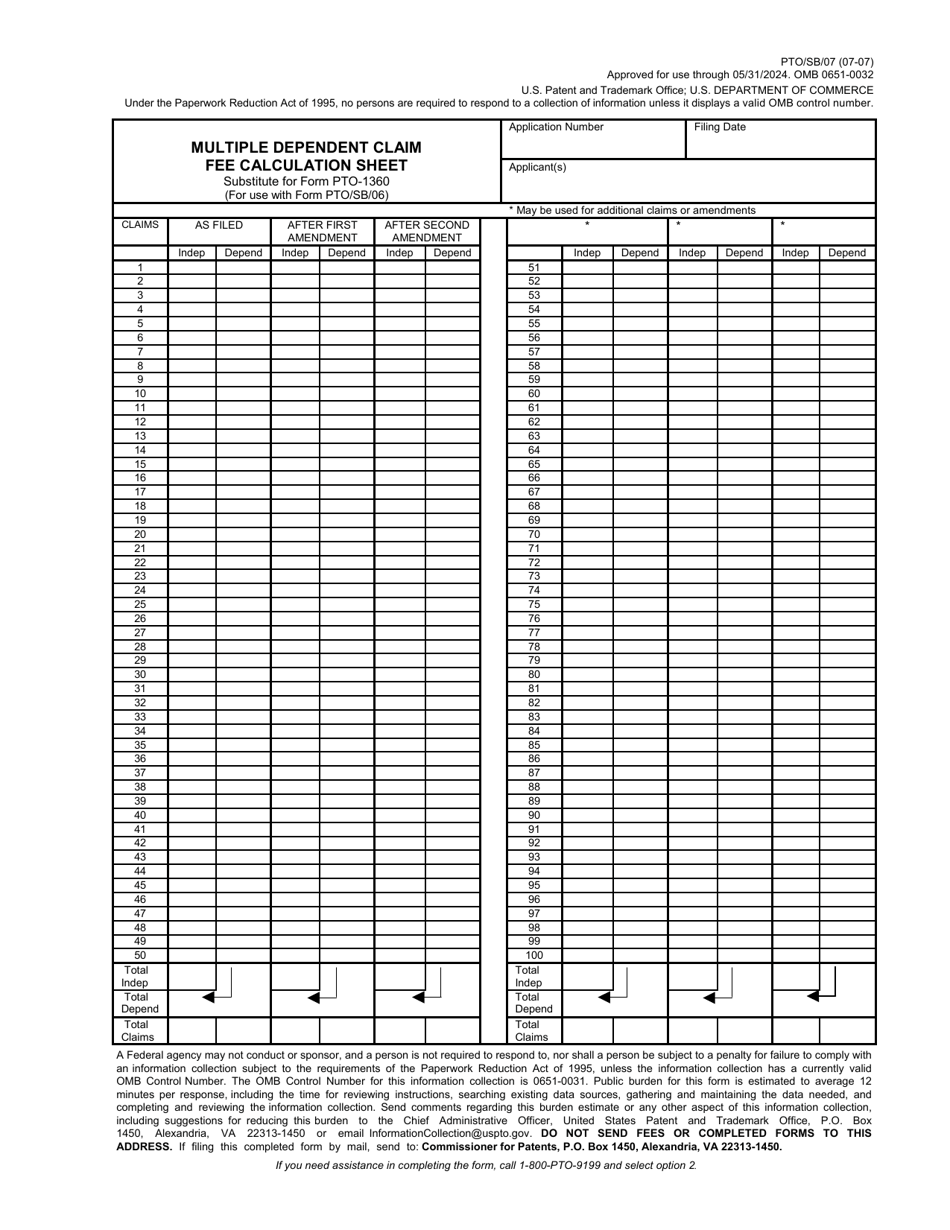 Form PTO / SB / 07 Multiple Dependent Claim Fee Calculation Sheet, Page 1