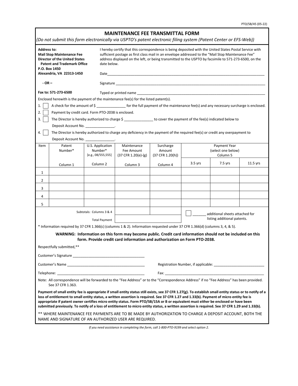 Form PTO / SB / 45 Maintenance Fee Transmittal Form, Page 1