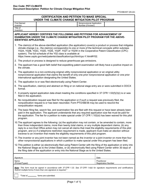 Form PTO/SB/457  Printable Pdf