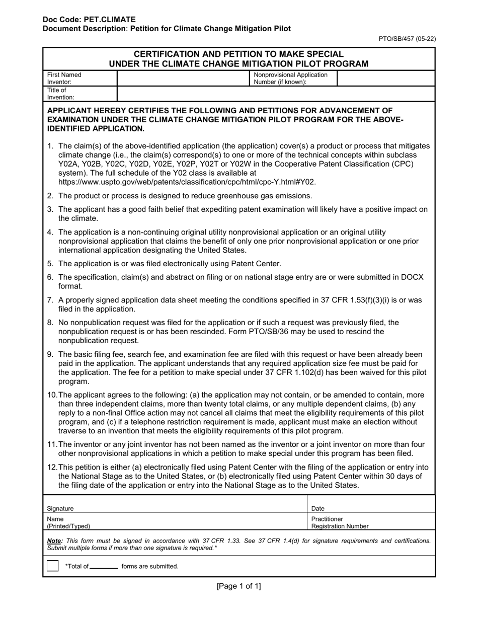 Form PTO / SB / 457 Certification and Petition to Make Special Under the Climate Change Mitigation Pilot Program, Page 1