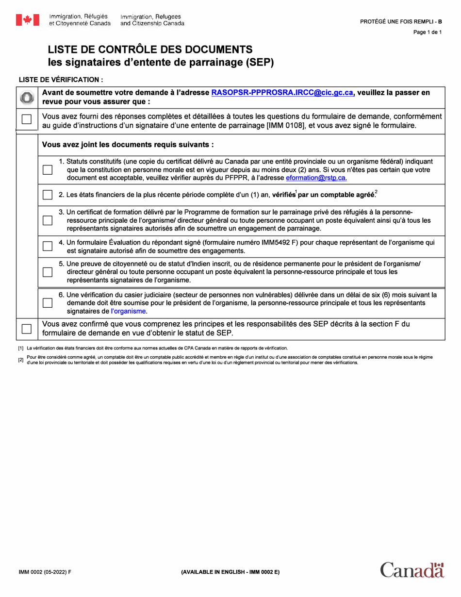 Forme IMM0002 Liste De Controle DES Documents Les Signataires Dentente De Parrainage (Sep) - Canada (French), Page 1