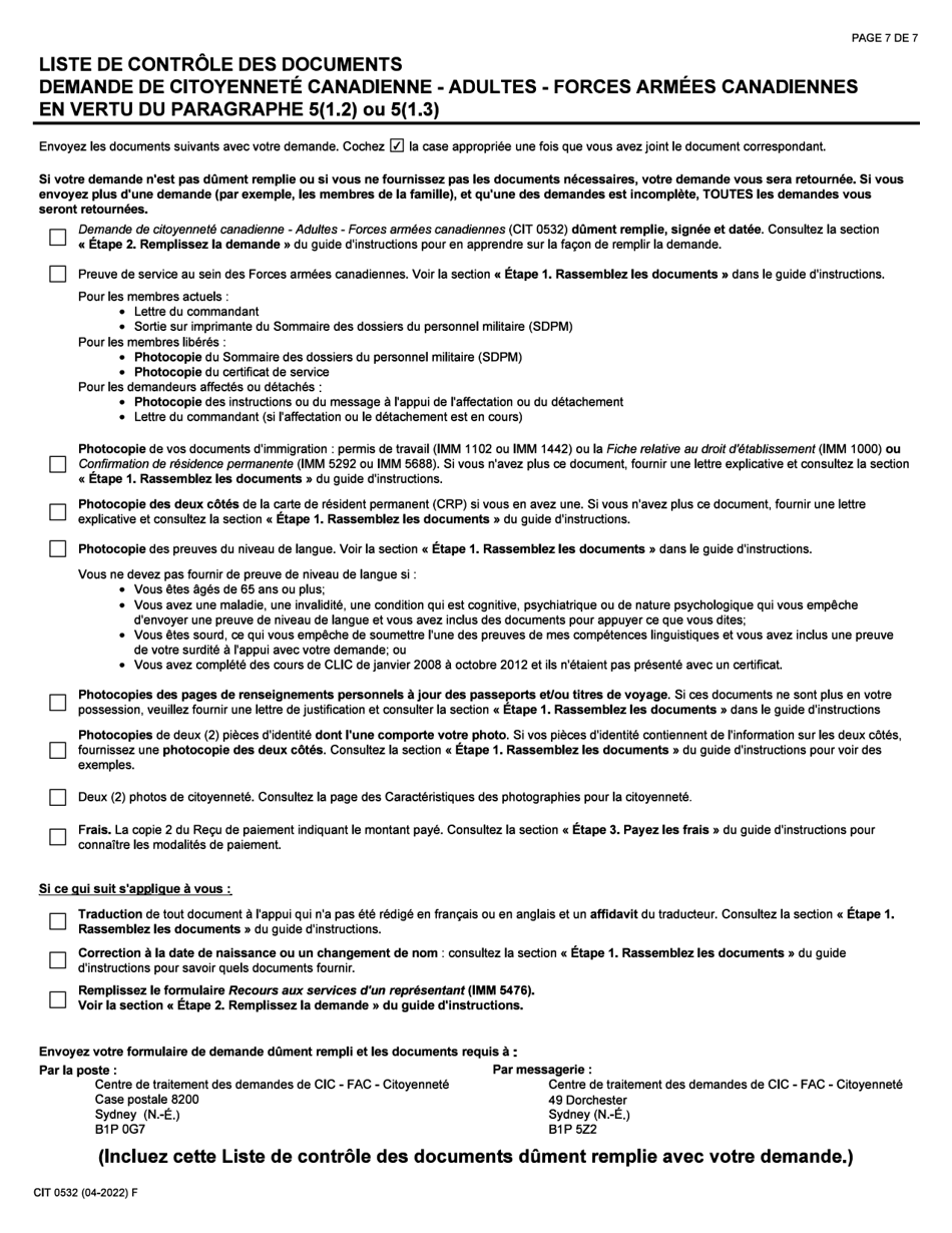 Forme CIT0532 Demande De Citoyennete Canadienne - Adultes - Forces Armees Canadiennes - En Vertu Du Paragraphe 5(1.2) Ou 5(1.3) - Canada (French), Page 7