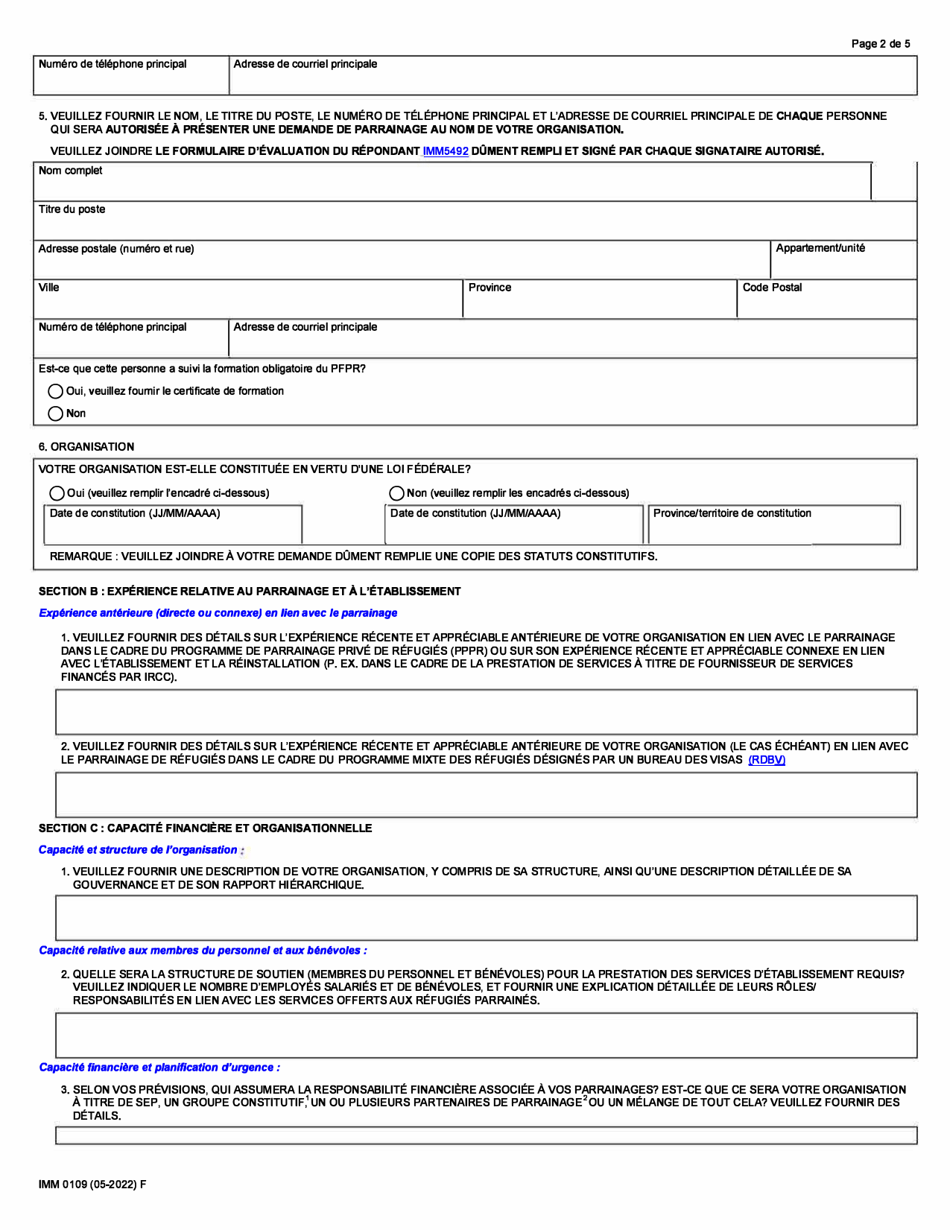 Forme IMM0109 Demande En Vue De Devenir Un Signataire Dentente De Parrainage - Canada (French), Page 2