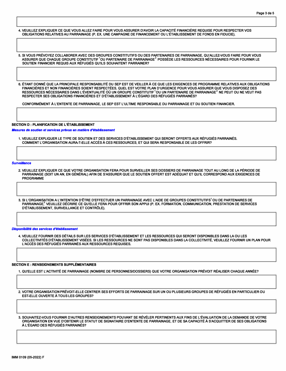 Forme IMM0109 Demande En Vue De Devenir Un Signataire Dentente De Parrainage - Canada (French), Page 3