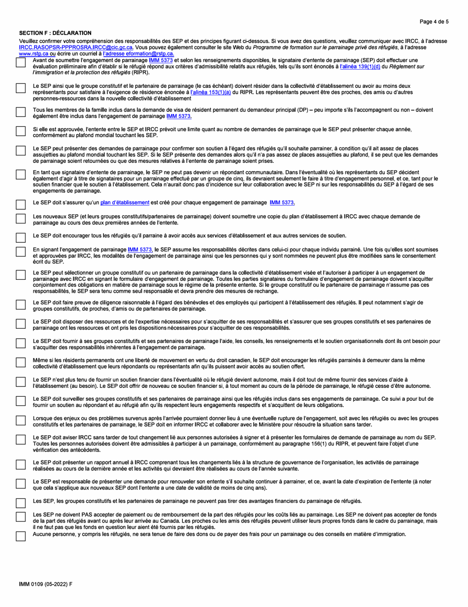 Forme IMM0109 Demande En Vue De Devenir Un Signataire Dentente De Parrainage - Canada (French), Page 4
