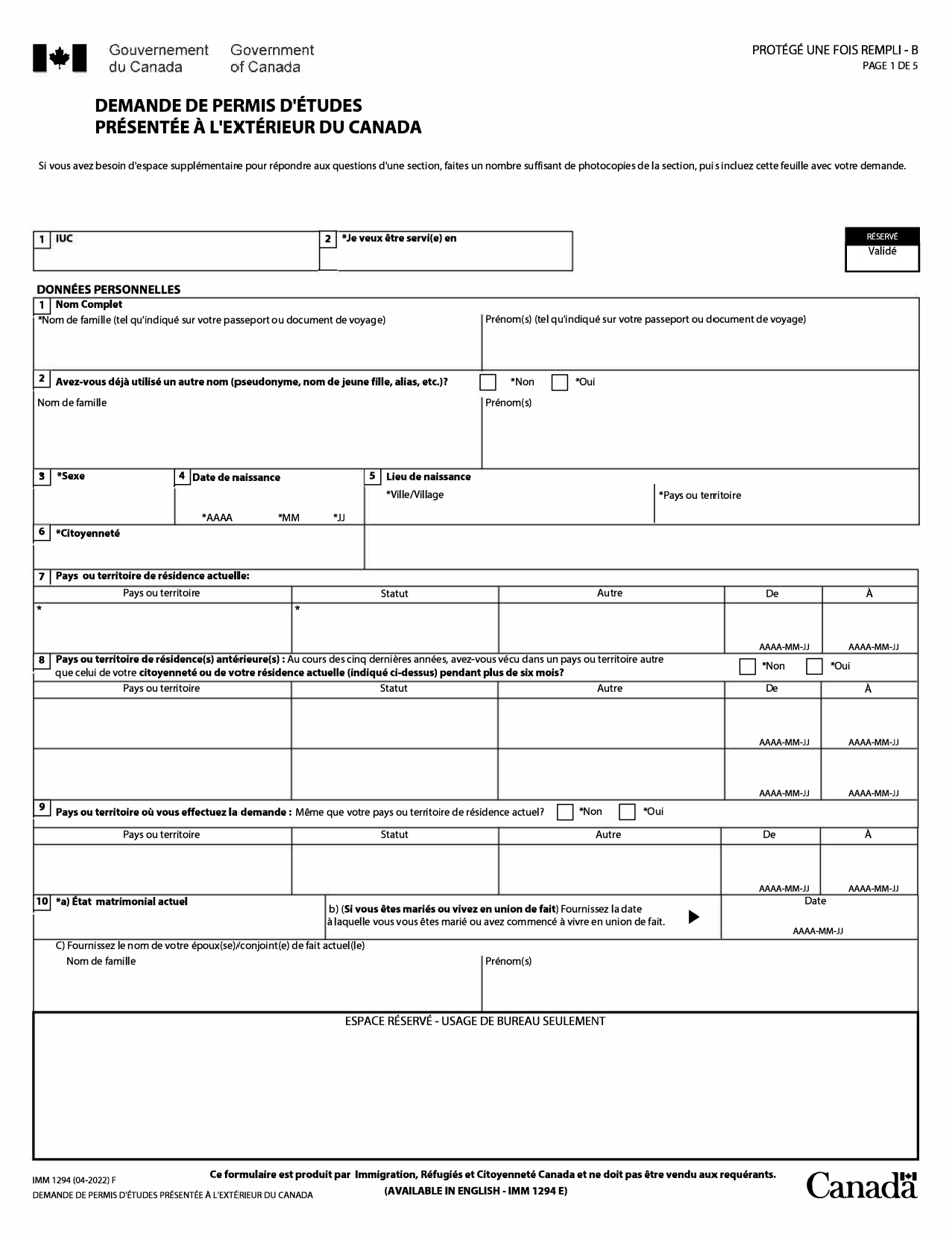 Forme IMM1294 Demande De Permis Detudes Presentee a Lexterieur Du Canada - Canada (French), Page 1