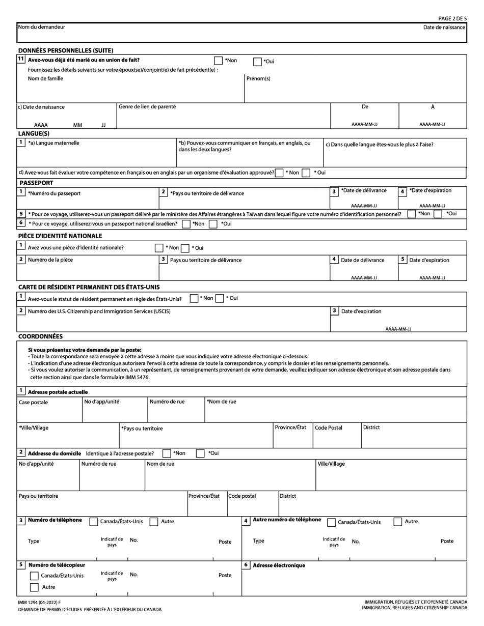 Forme IMM1294 Demande De Permis Detudes Presentee a Lexterieur Du Canada - Canada (French), Page 2
