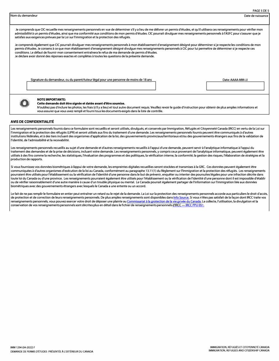 Forme IMM1294 Demande De Permis Detudes Presentee a Lexterieur Du Canada - Canada (French), Page 5