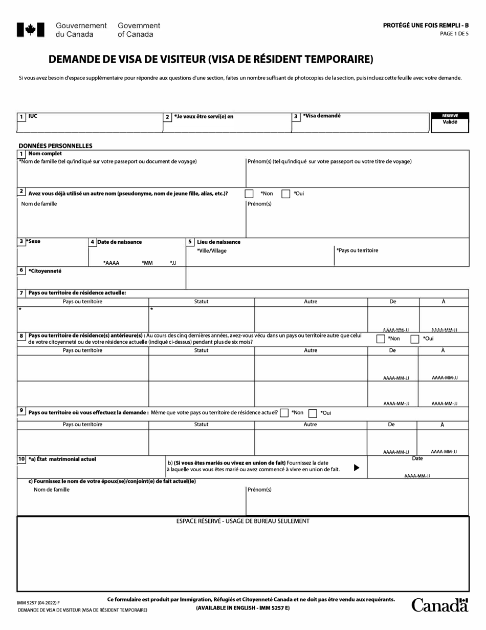 Forme IMM5257 Demande De Visa De Visiteur (Visa De Resident Temporaire) - Canada (French), Page 1