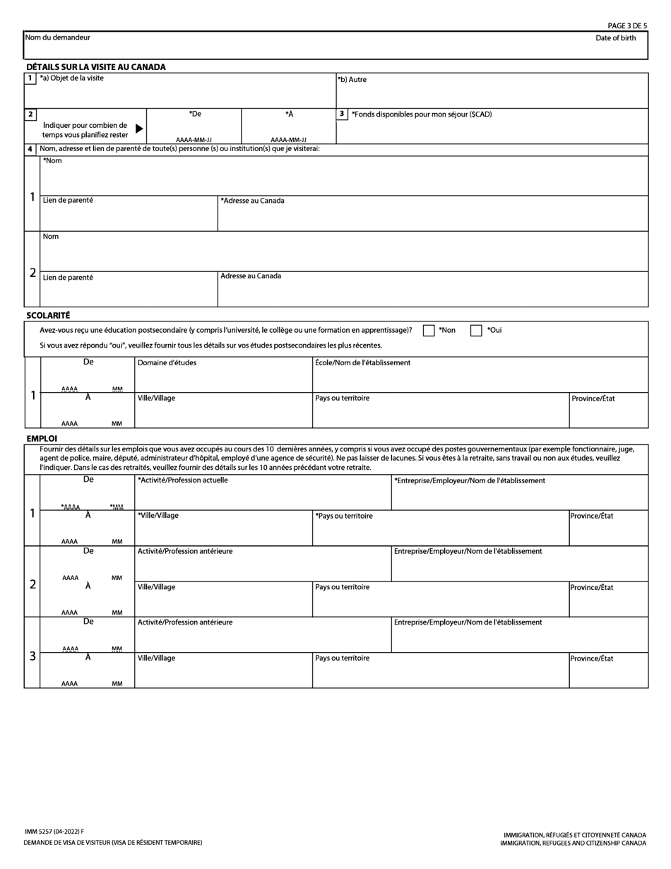 Forme IMM5257 Demande De Visa De Visiteur (Visa De Resident Temporaire) - Canada (French), Page 3