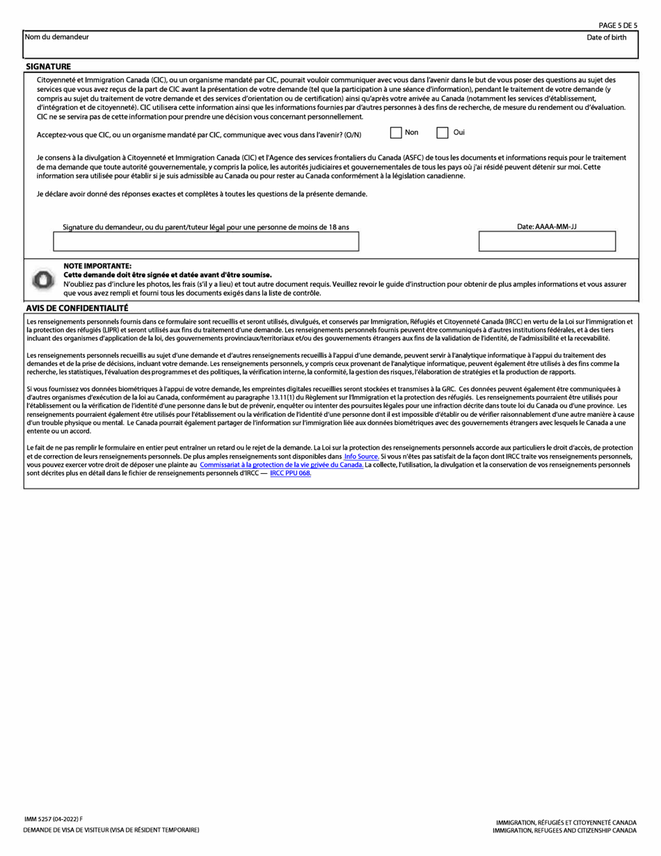 Forme IMM5257 Download Fillable PDF or Fill Online Demande De Visa De