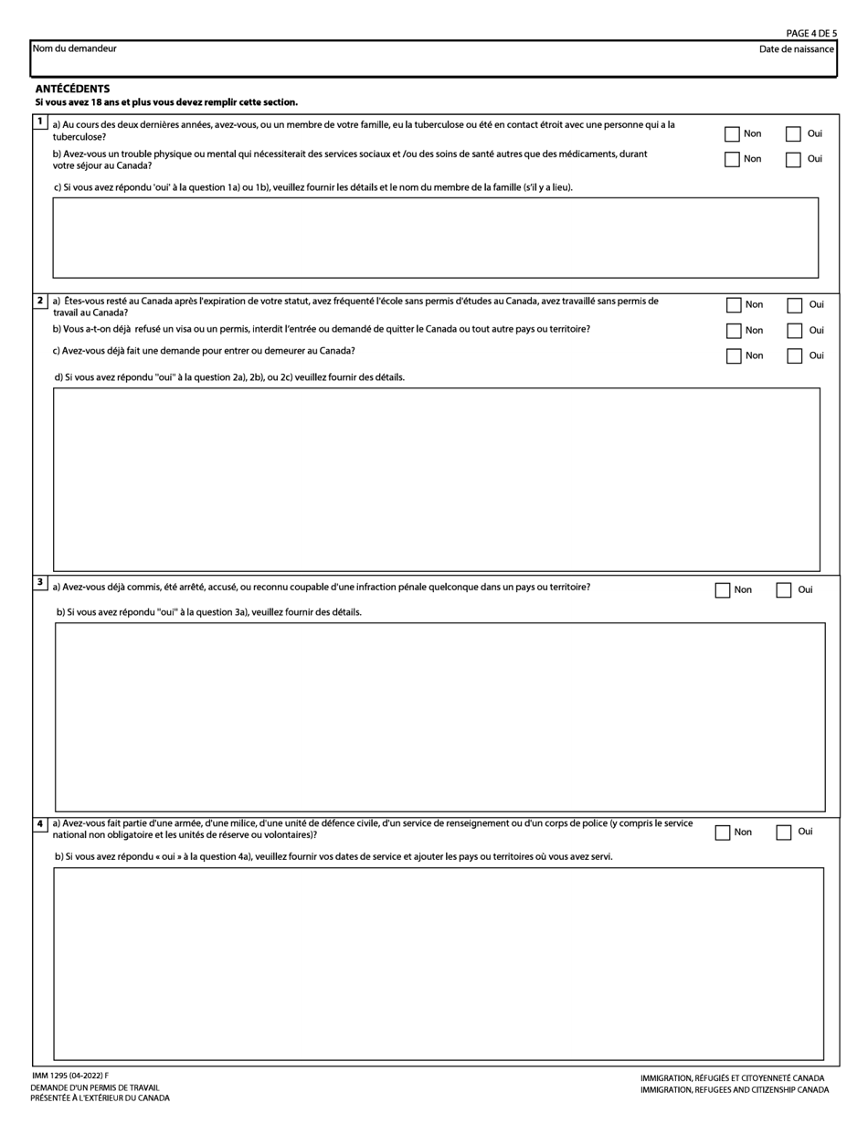 Forme IMM1295 Demande Dun Permis De Travail Presentee a Lexterieur Du Canada - Canada (French), Page 4