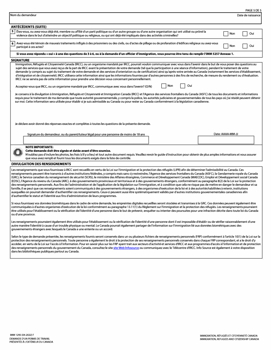 Forme IMM1295 Demande Dun Permis De Travail Presentee a Lexterieur Du Canada - Canada (French), Page 5