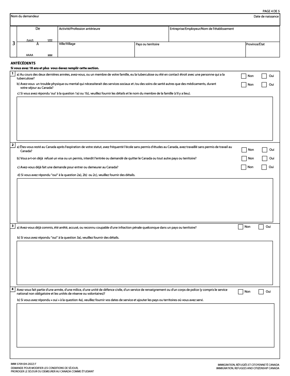 Forme IMM5709 Demande Pour Modifier Les Conditions De Sejour, Proroger Le Sejour Ou Demeurer Au Canada Comme Etudiant - Canada (French), Page 4