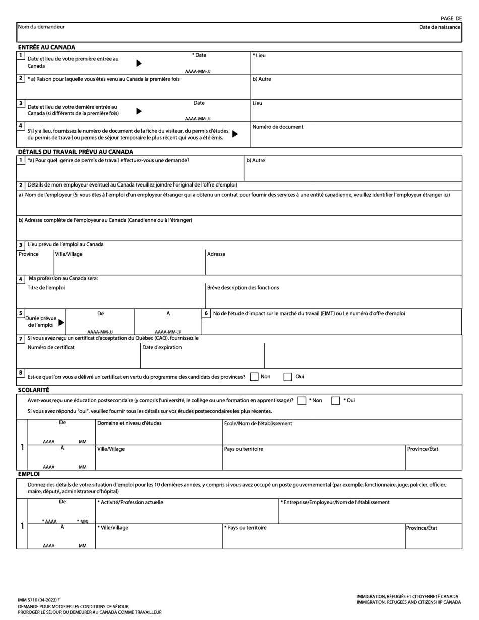 Forme IMM5710 Demande Pour Modifier Les Conditions De Sejour, Proroger Le Sejour Ou Demeurer Au Canada Comme Travailleur - Canada (French), Page 3