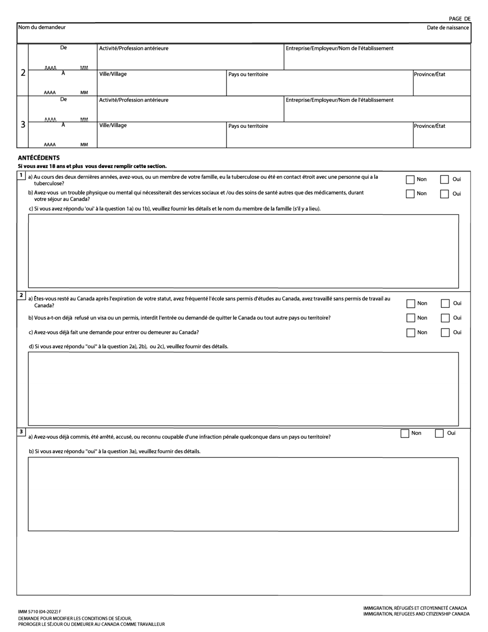 Forme IMM5710 Demande Pour Modifier Les Conditions De Sejour, Proroger Le Sejour Ou Demeurer Au Canada Comme Travailleur - Canada (French), Page 4