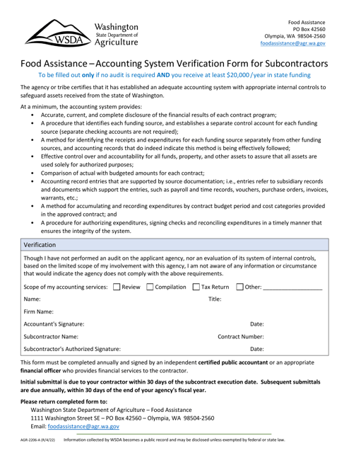 Form AGR-2206-A Food Assistance - Accounting System Verification Form for Subcontractors - Washington