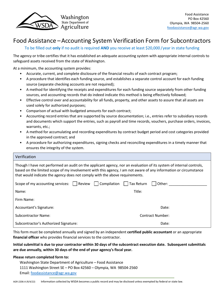 Form AGR-2206-A Food Assistance - Accounting System Verification Form for Subcontractors - Washington, Page 1