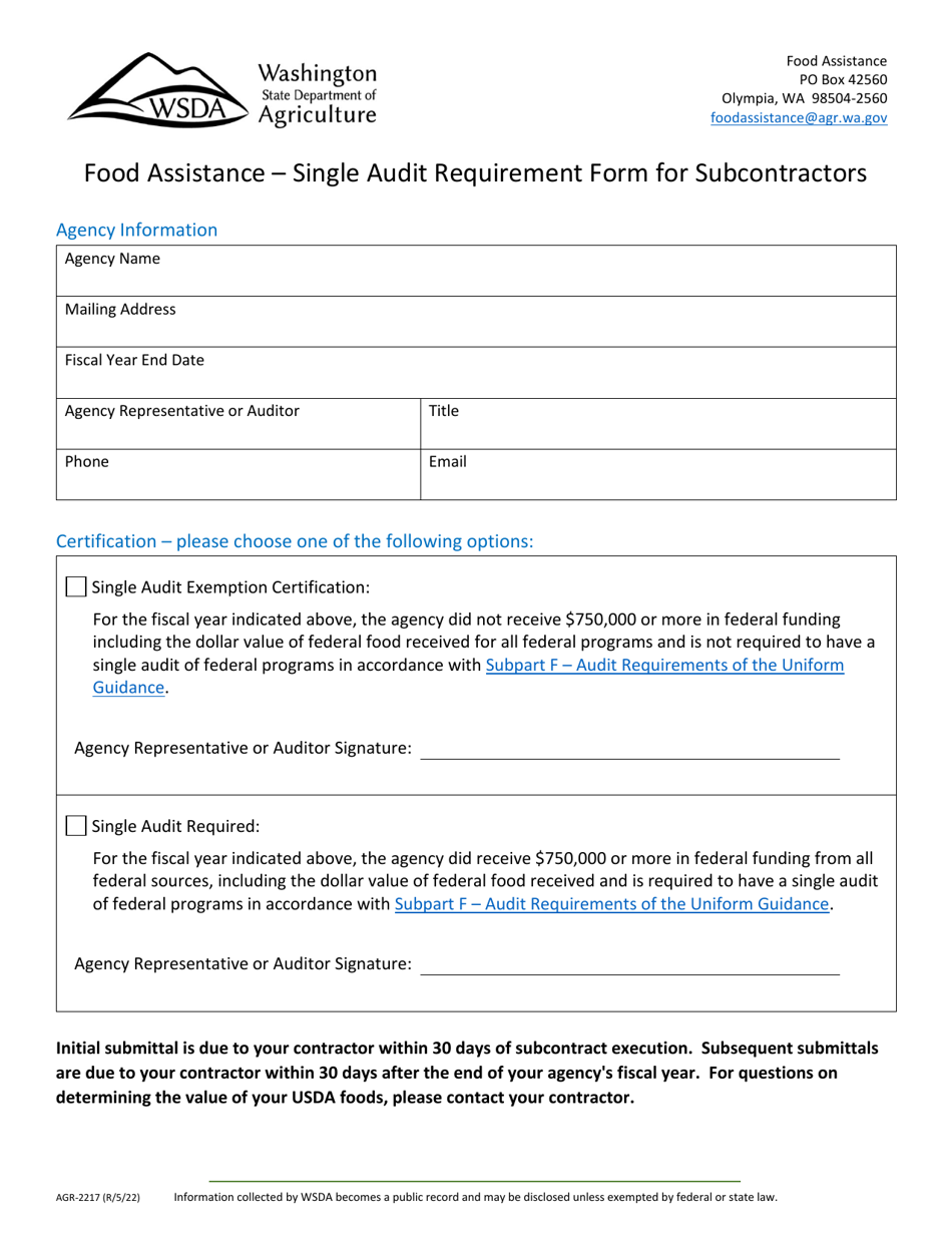 Form AGR-2217 Food Assistance - Single Audit Requirement Form for Subcontractors - Washington, Page 1