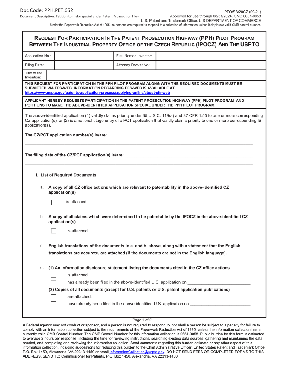 Form PTO / SB / 20CZ Request for Participation in the Patent Prosecution Highway (Pph) Pilot Program Between the Industrial Property Office of the Czech Republic (Ipocz) and the Uspto, Page 1
