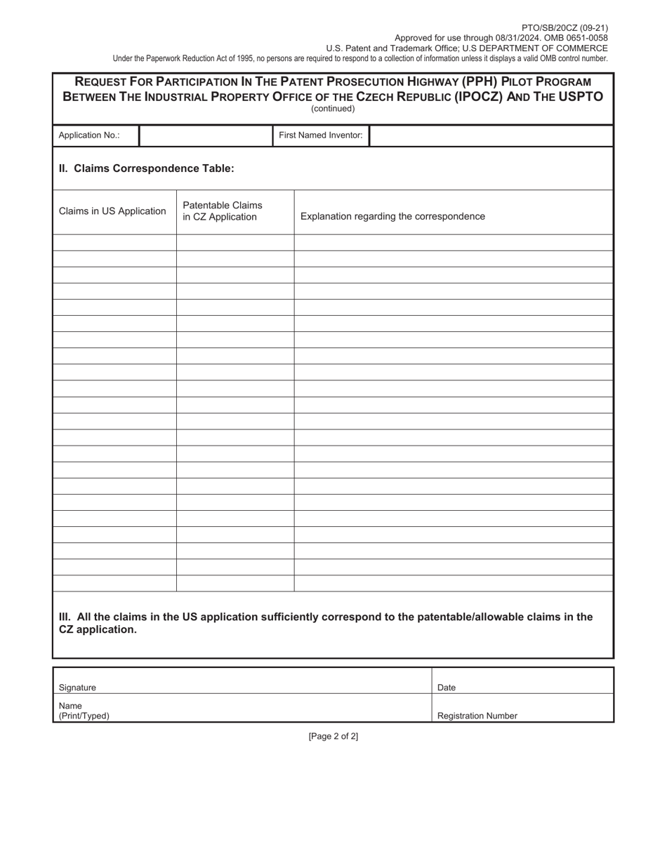 Form PTO / SB / 20CZ Request for Participation in the Patent Prosecution Highway (Pph) Pilot Program Between the Industrial Property Office of the Czech Republic (Ipocz) and the Uspto, Page 2