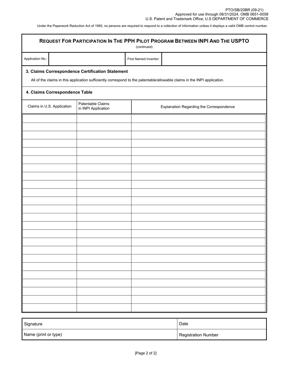 Form PTO / SB / 20BR Request for Participation in the Patent Prosecution Highway (Pph) Pilot Program Between the Brazilian National Institute of Industrial Property (Inpi) and the Uspto, Page 2