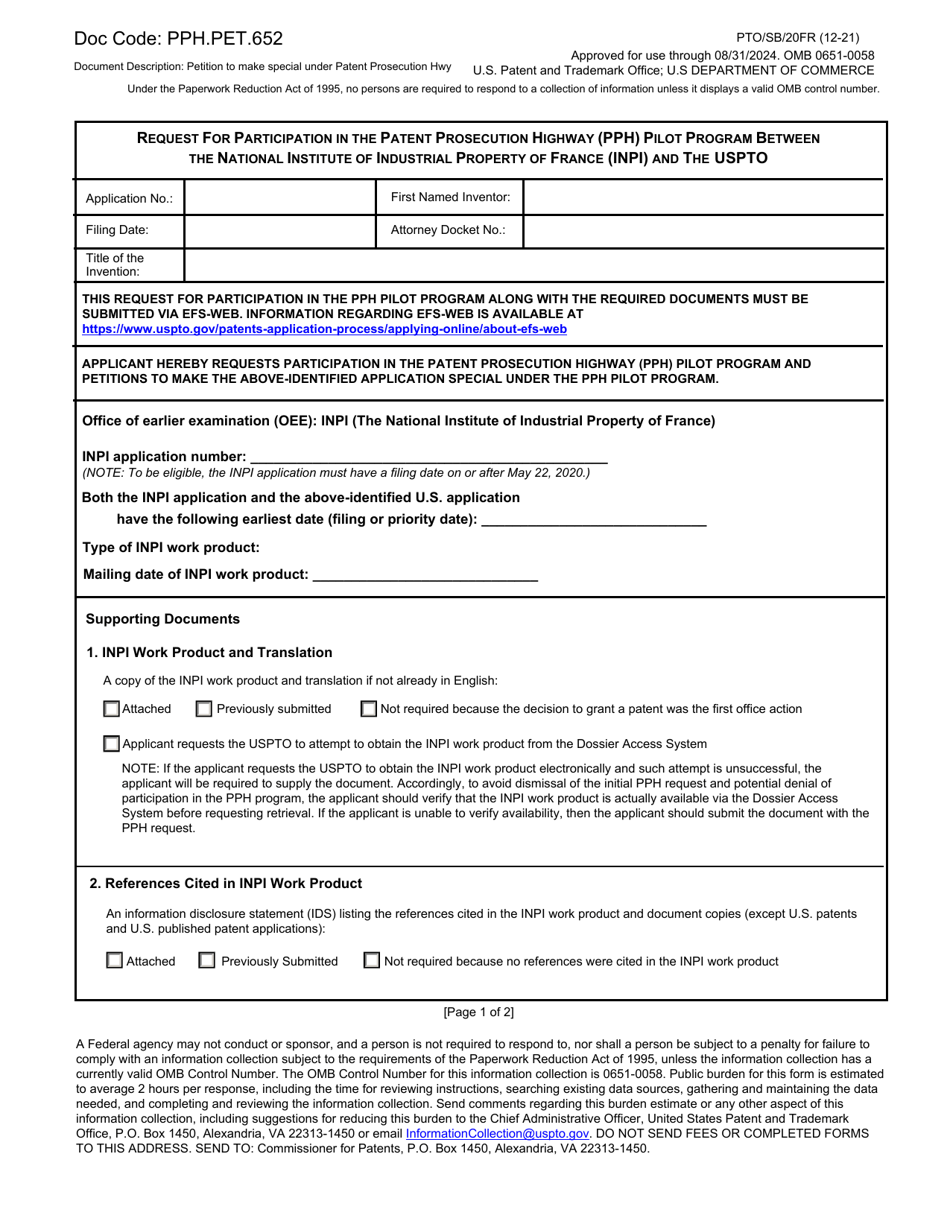 Form PTO / SB / 20FR Request for Participation in the Patent Prosecution Highway (Pph) Pilot Program Between the National Institute of Industrial Property of France (Inpi) and the Uspto, Page 1