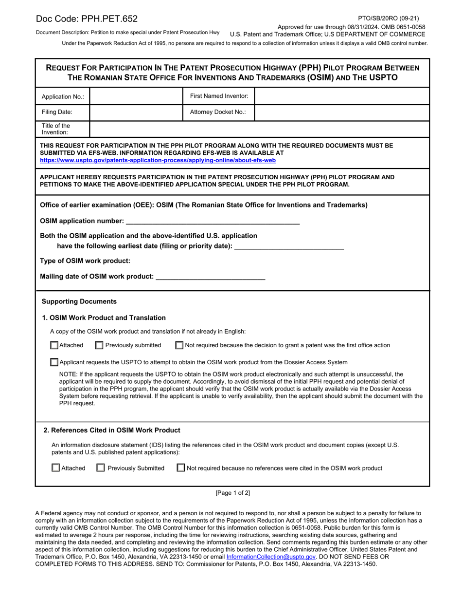 Form PTO / SB / 20RO Request for Participation in the Patent Prosecution Highway (Pph) Pilot Program Between the Romanian State Office for Inventions and Trademarks (Osim) and the Uspto, Page 1