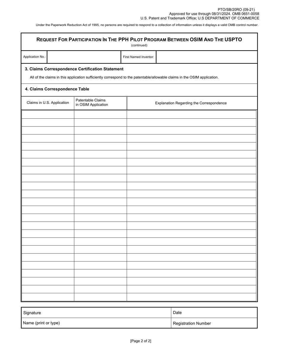 Form PTO / SB / 20RO Request for Participation in the Patent Prosecution Highway (Pph) Pilot Program Between the Romanian State Office for Inventions and Trademarks (Osim) and the Uspto, Page 2