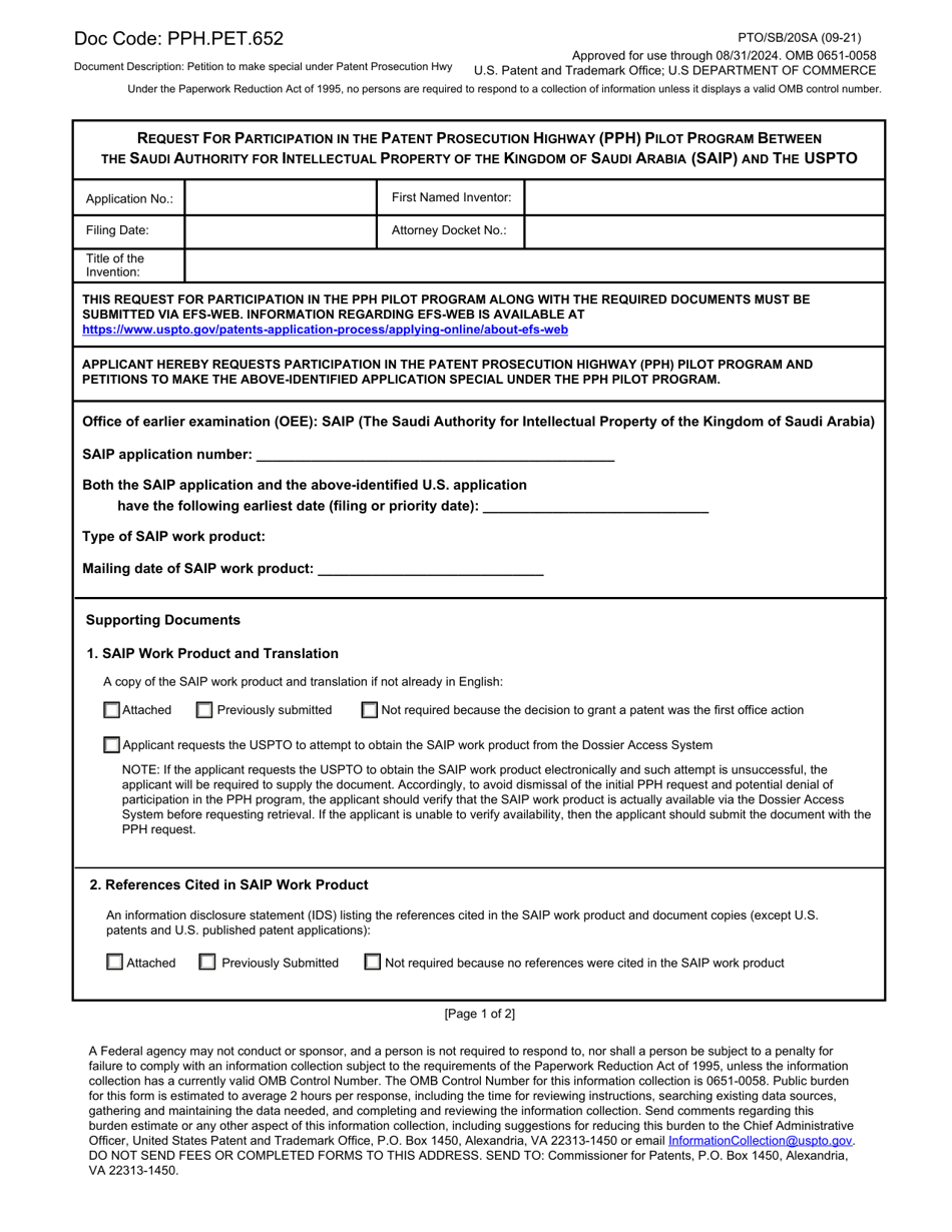 Form PTO / SB / 20SA Request for Participation in the Patent Prosecution Highway (Pph) Pilot Program Between the Saudi Authority for Intellectual Property of the Kingdom of Saudi Arabia (Saip) and the Uspto, Page 1
