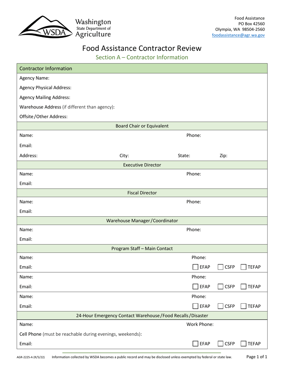 Form AGR-2225 Section A Food Assistance Contractor Review - Contractor Information - Washington, Page 1