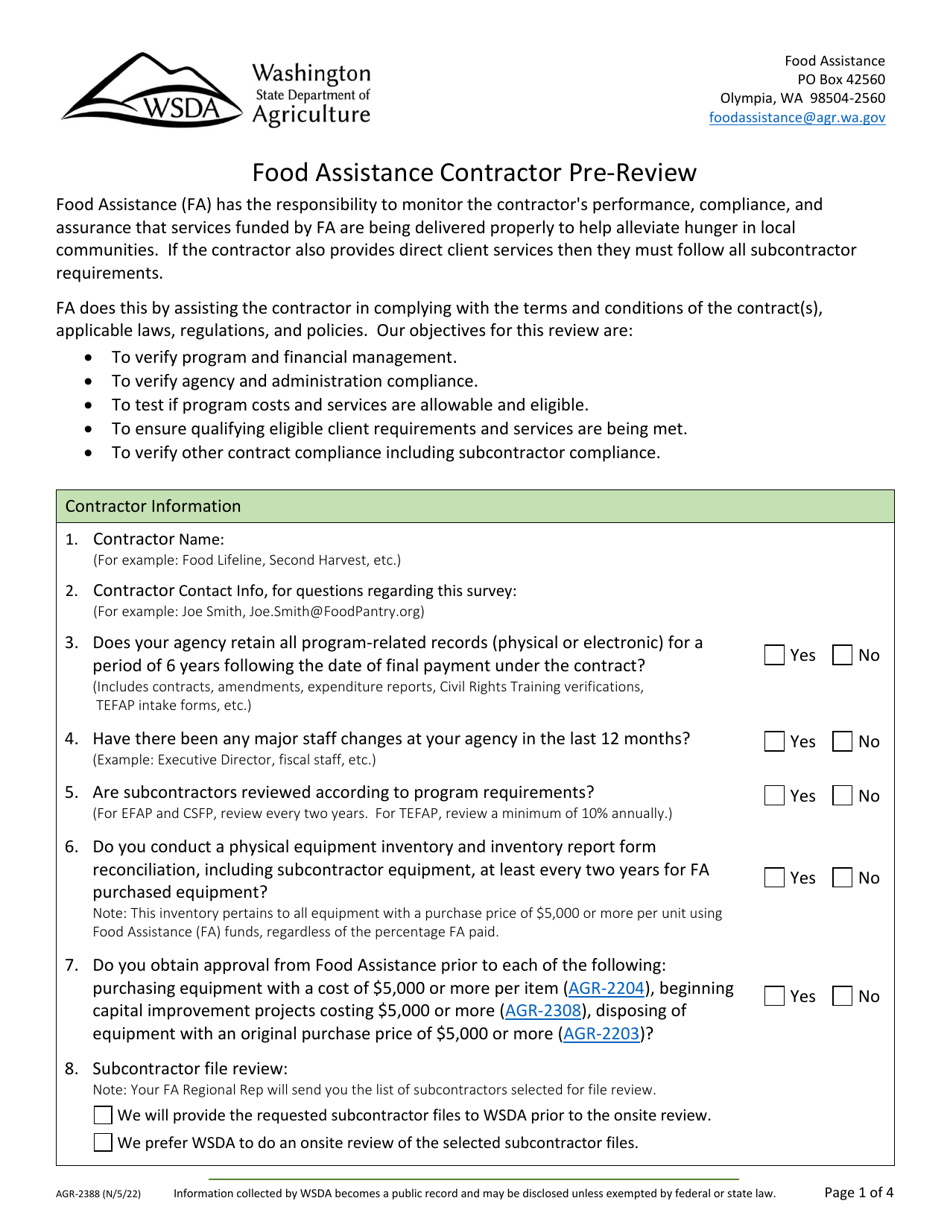 Form AGR-2388 Food Assistance Contractor Pre-review - Washington, Page 1