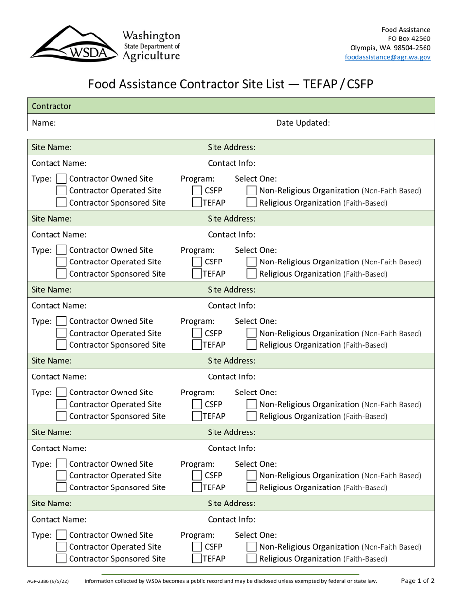 Form AGR-2386 Food Assistance Contractor Site List - Tefap / Csfp - Washington, Page 1
