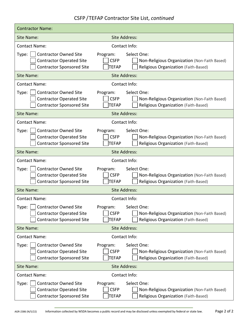 Form AGR-2386 Food Assistance Contractor Site List - Tefap / Csfp - Washington, Page 2