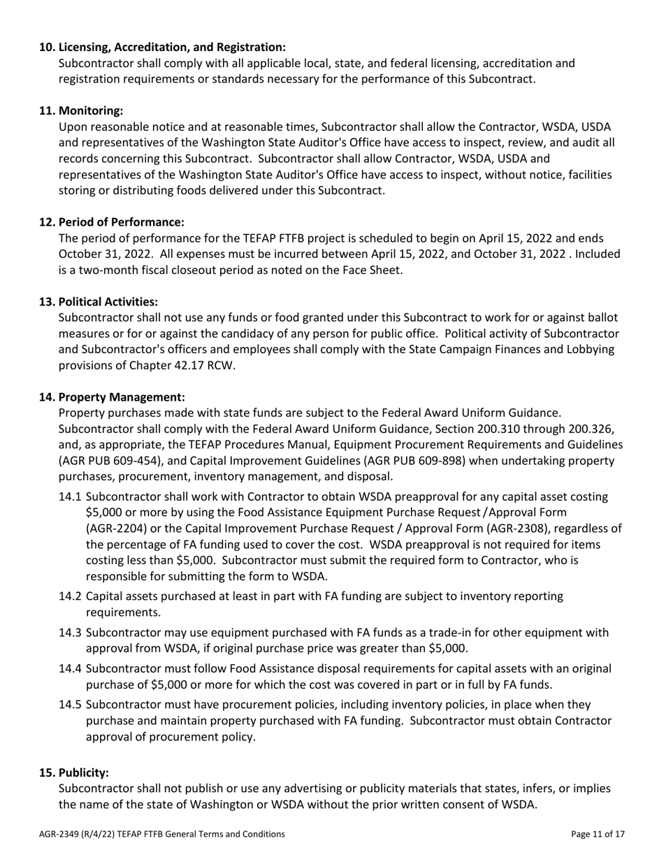 Form AGR-2349 The Emergency Food Assistance Program (Tefap) Farm to Food Bank Projects (Ftfb) Subcontract - Washington, Page 11