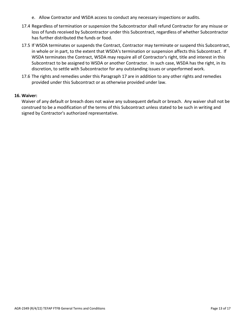 Form AGR-2349 The Emergency Food Assistance Program (Tefap) Farm to Food Bank Projects (Ftfb) Subcontract - Washington, Page 13