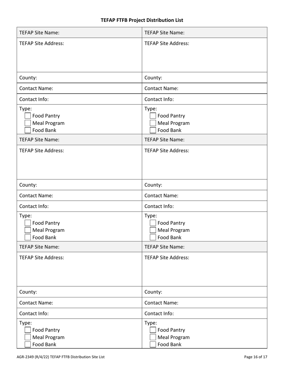 Form AGR-2349 The Emergency Food Assistance Program (Tefap) Farm to Food Bank Projects (Ftfb) Subcontract - Washington, Page 16