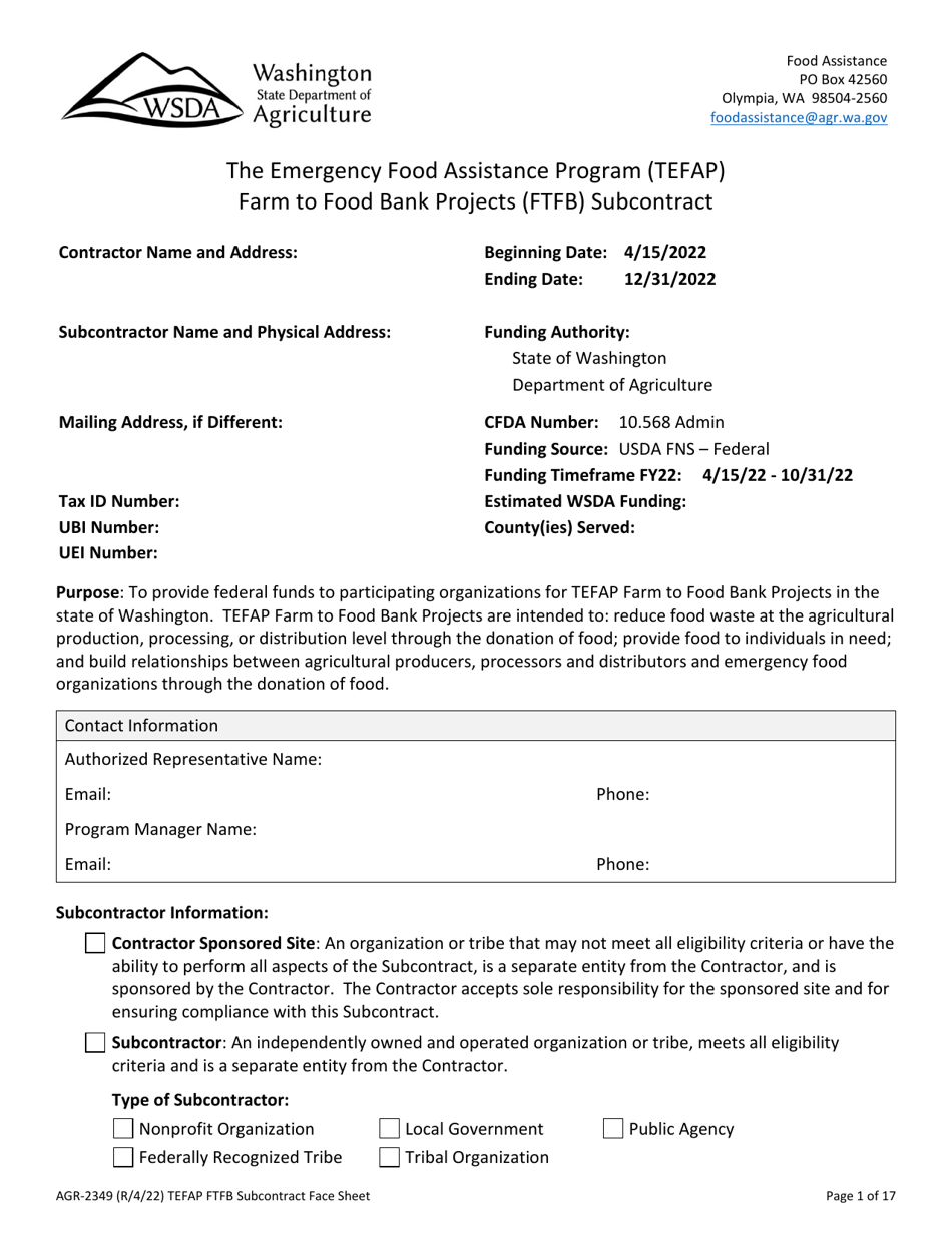 Form AGR-2349 The Emergency Food Assistance Program (Tefap) Farm to Food Bank Projects (Ftfb) Subcontract - Washington, Page 1