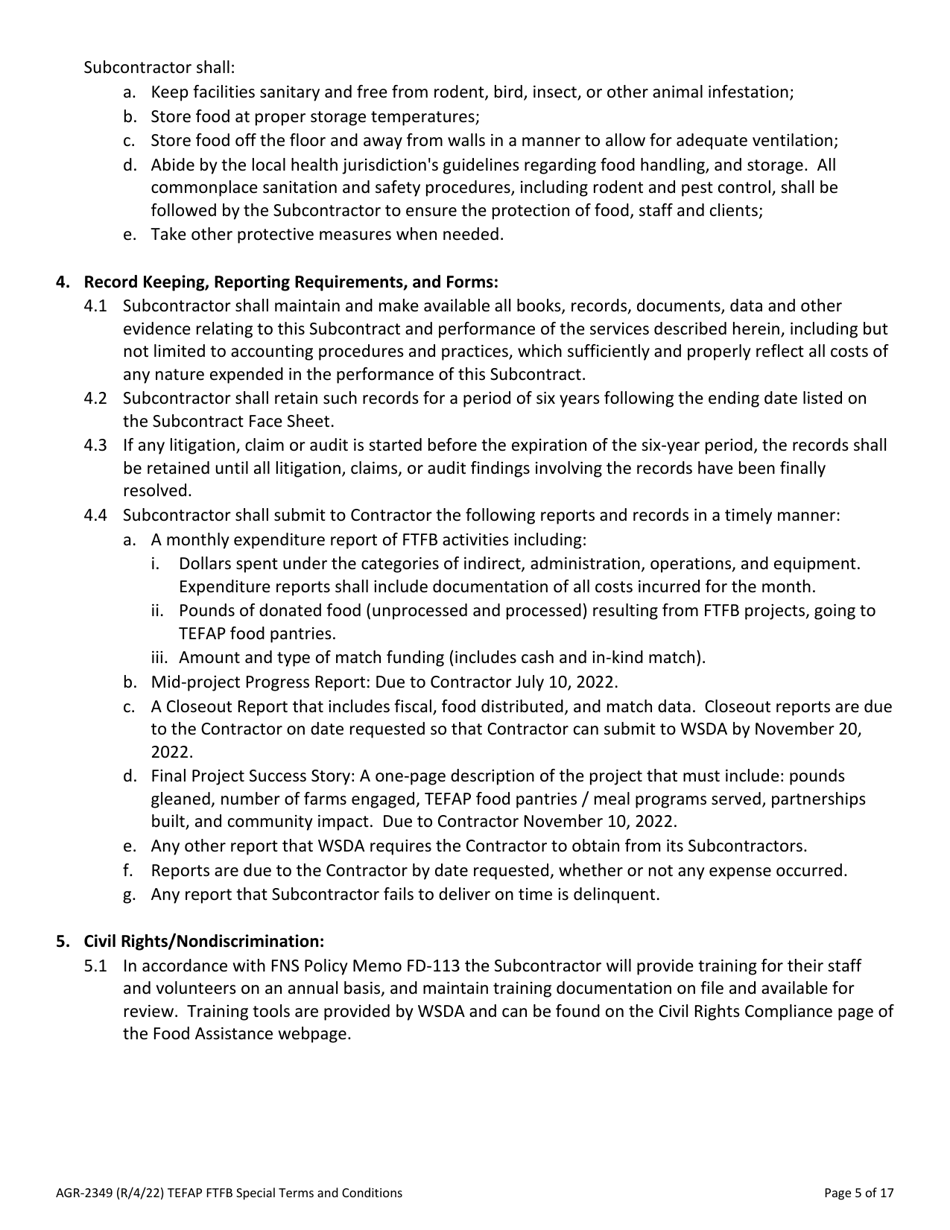 Form AGR-2349 The Emergency Food Assistance Program (Tefap) Farm to Food Bank Projects (Ftfb) Subcontract - Washington, Page 5