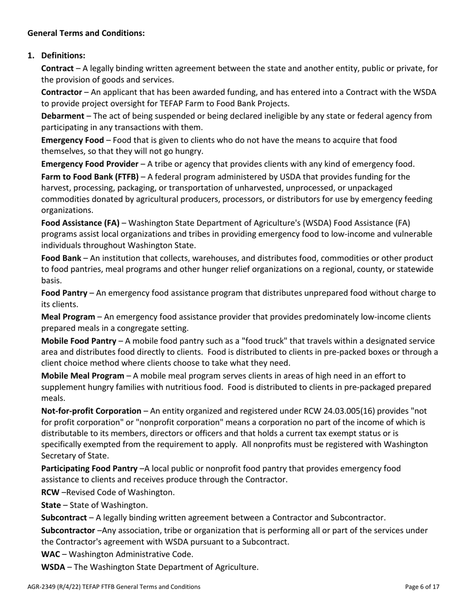 Form AGR-2349 The Emergency Food Assistance Program (Tefap) Farm to Food Bank Projects (Ftfb) Subcontract - Washington, Page 6