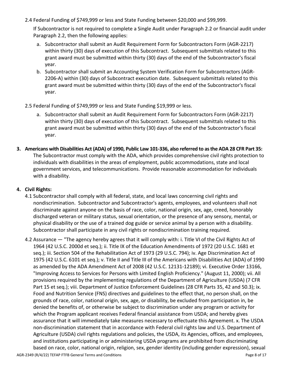 Form AGR-2349 The Emergency Food Assistance Program (Tefap) Farm to Food Bank Projects (Ftfb) Subcontract - Washington, Page 8