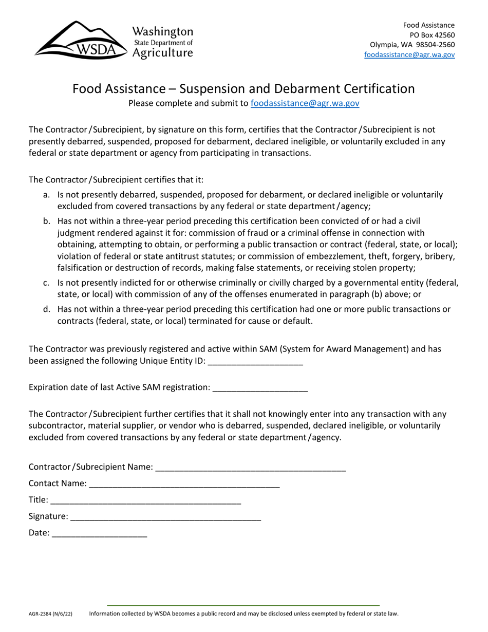 Form AGR-2384 Food Assistance - Suspension and Debarment Certification - Washington, Page 1