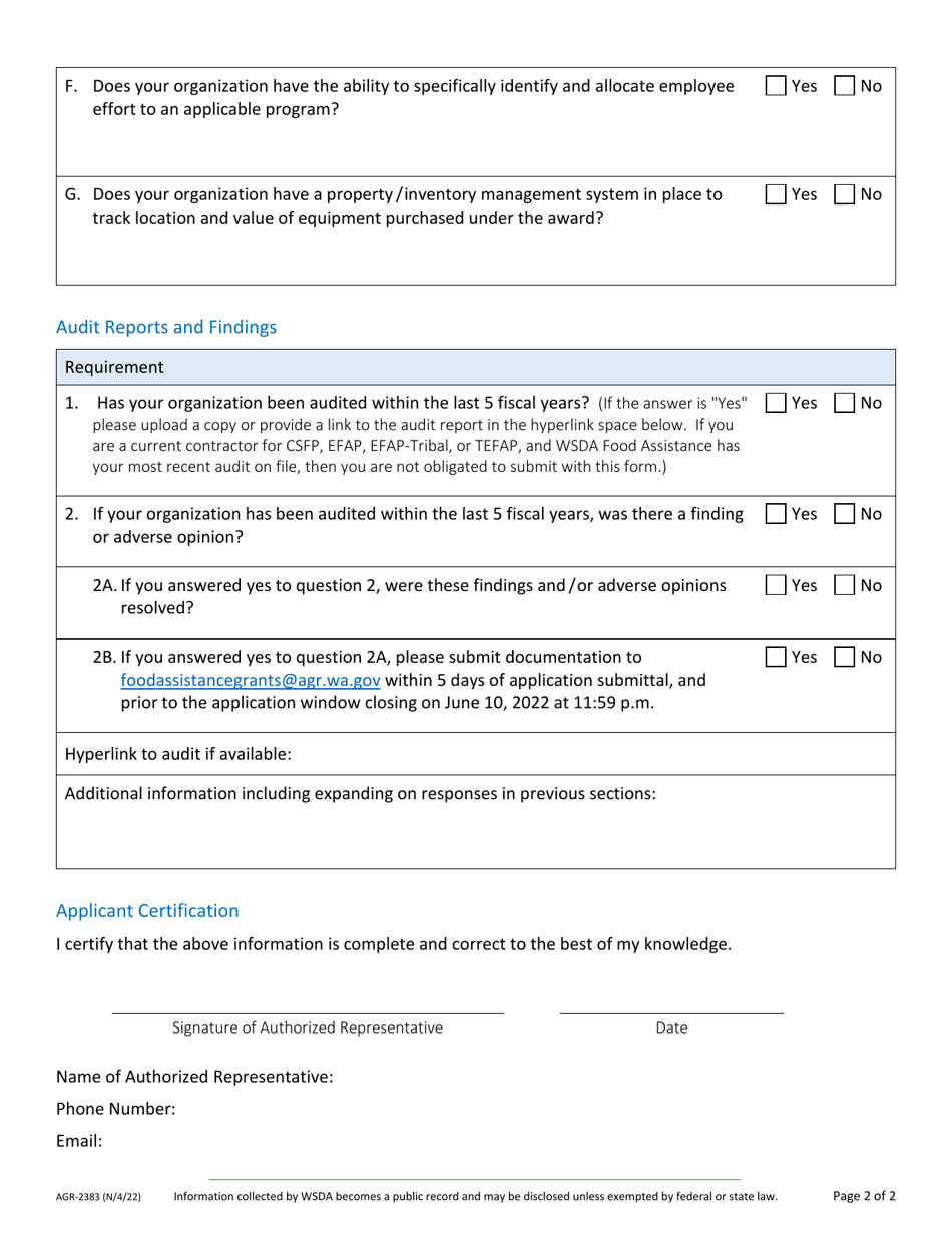 Form AGR-2383 Grant Program Accounting System  Financial Capability Questionnaire - Washington, Page 2
