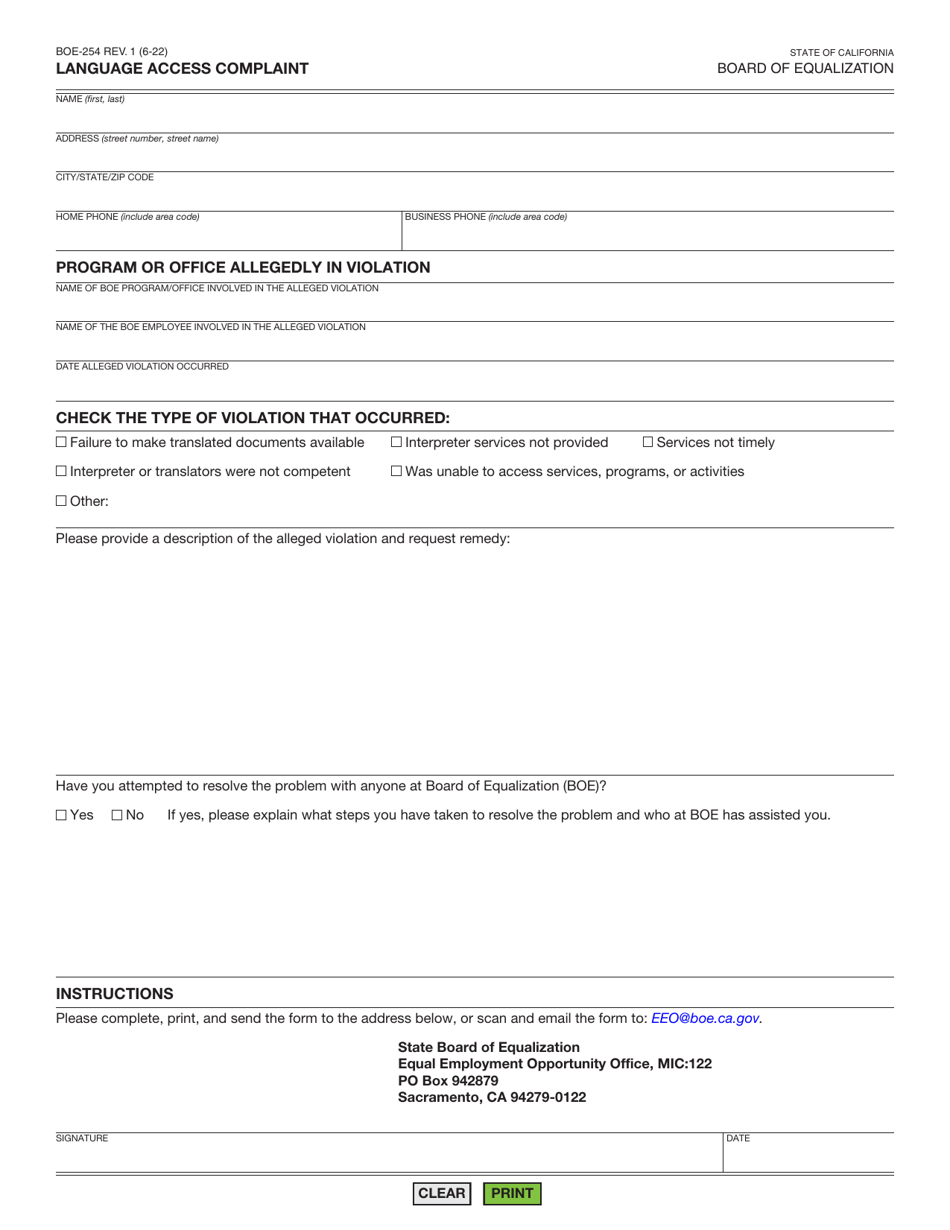 Form BOE-254 Language Access Complaint - California, Page 1