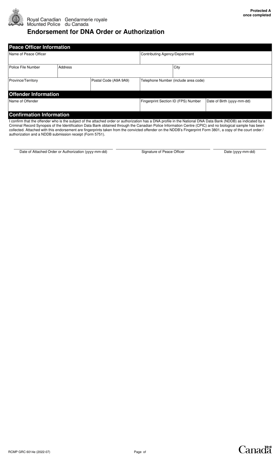 Form Rcmp Grc6014 Download Fillable Pdf Or Fill Online Endorsement For Dna Order Or 1636