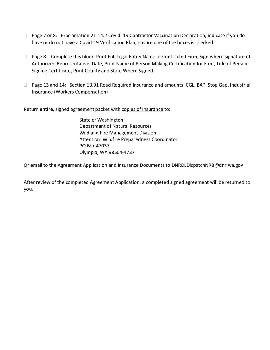 Fire Suppression Resporces Availablity Agreement - Checklist Prior to Submitting Agreement Packet - Washington, Page 2