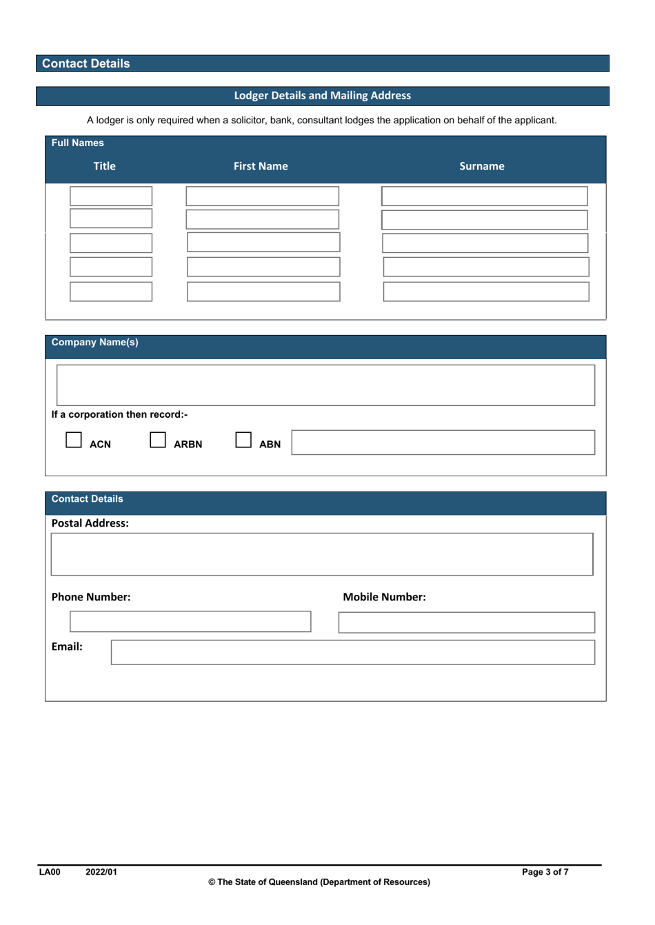 Form LA00 Part A Contact and Land Details - Queensland, Australia, Page 3